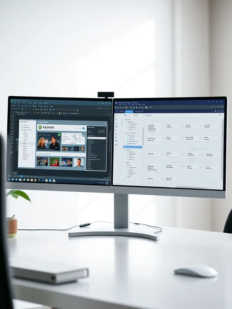 A split screen showing a website design interface on one side and a database schema on the other, representing the integration of web development and database solutions.