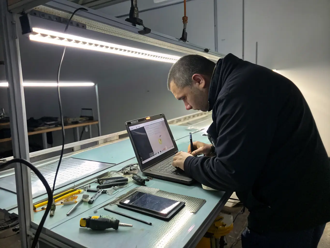 A technician replacing a laptop screen in a well-equipped repair shop, showcasing Intratech Inc.'s hardware repair capabilities.