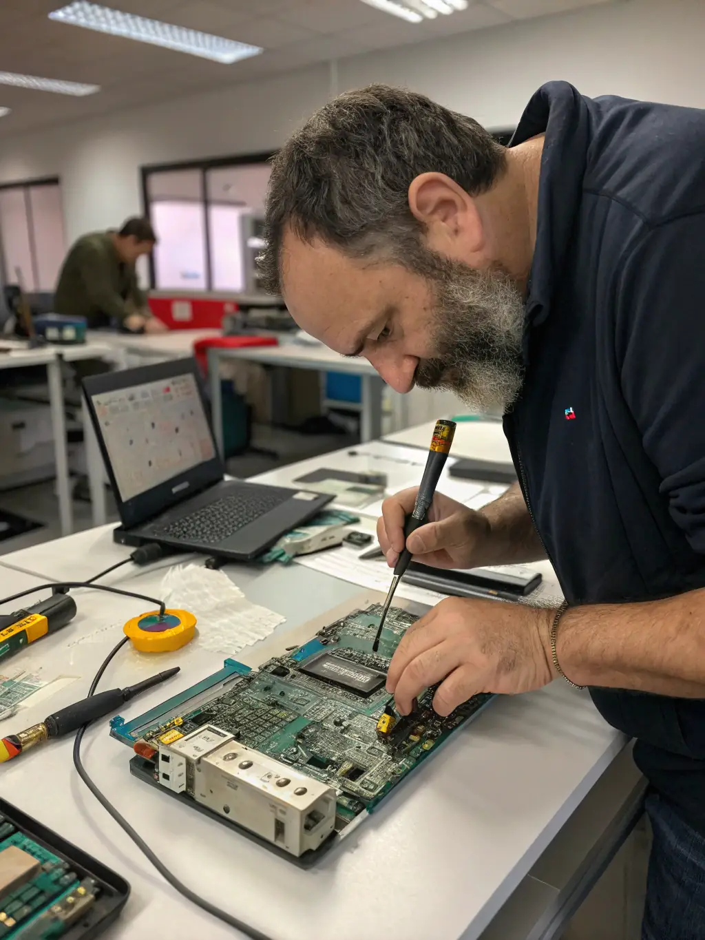 A close-up shot of a technician repairing a laptop motherboard with precision tools in a well-lit workshop, emphasizing the detail and expertise involved in hardware repairs.