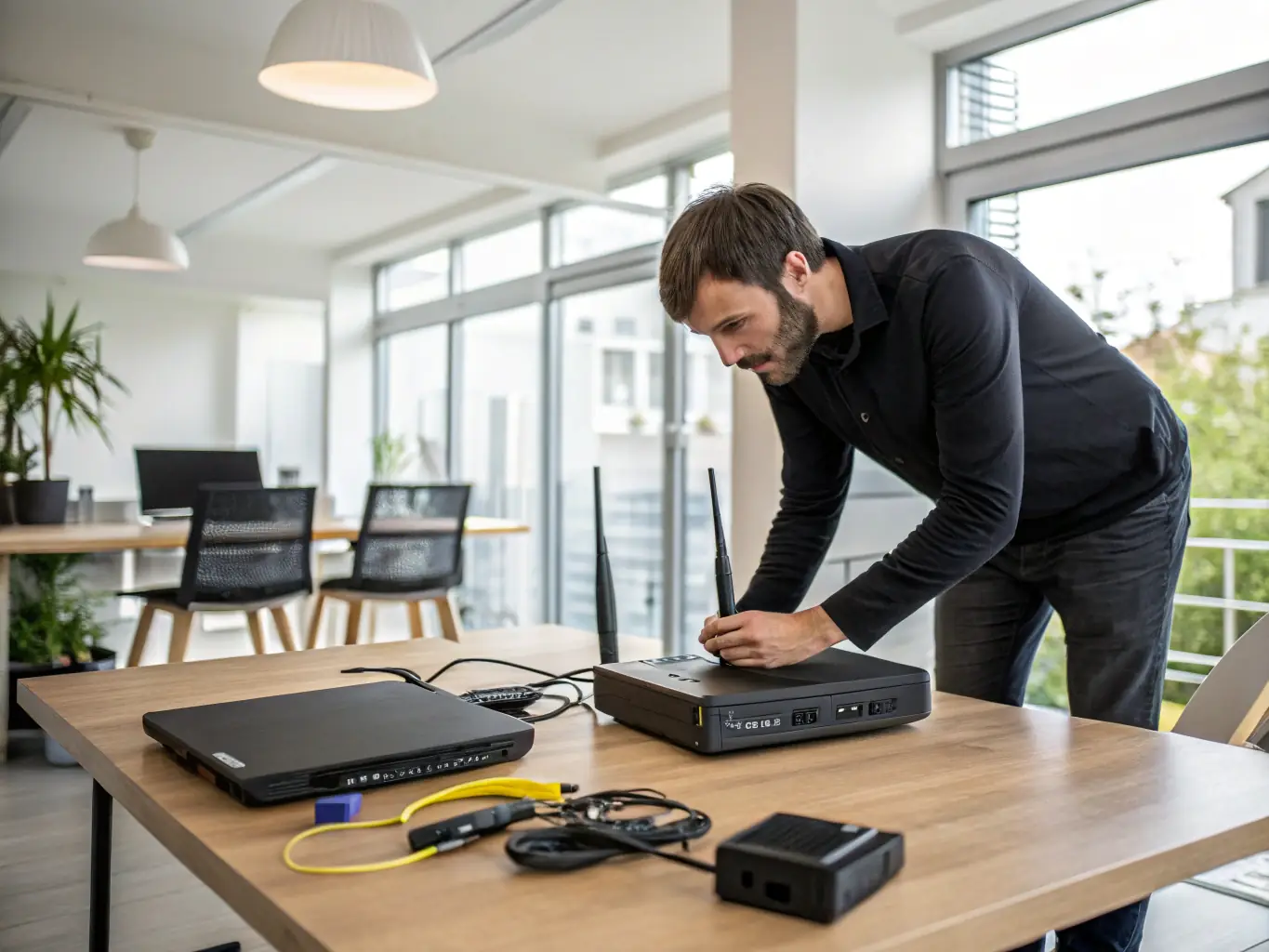 A technician configuring a router and network devices in an office environment, highlighting Intratech Inc.'s network support services.