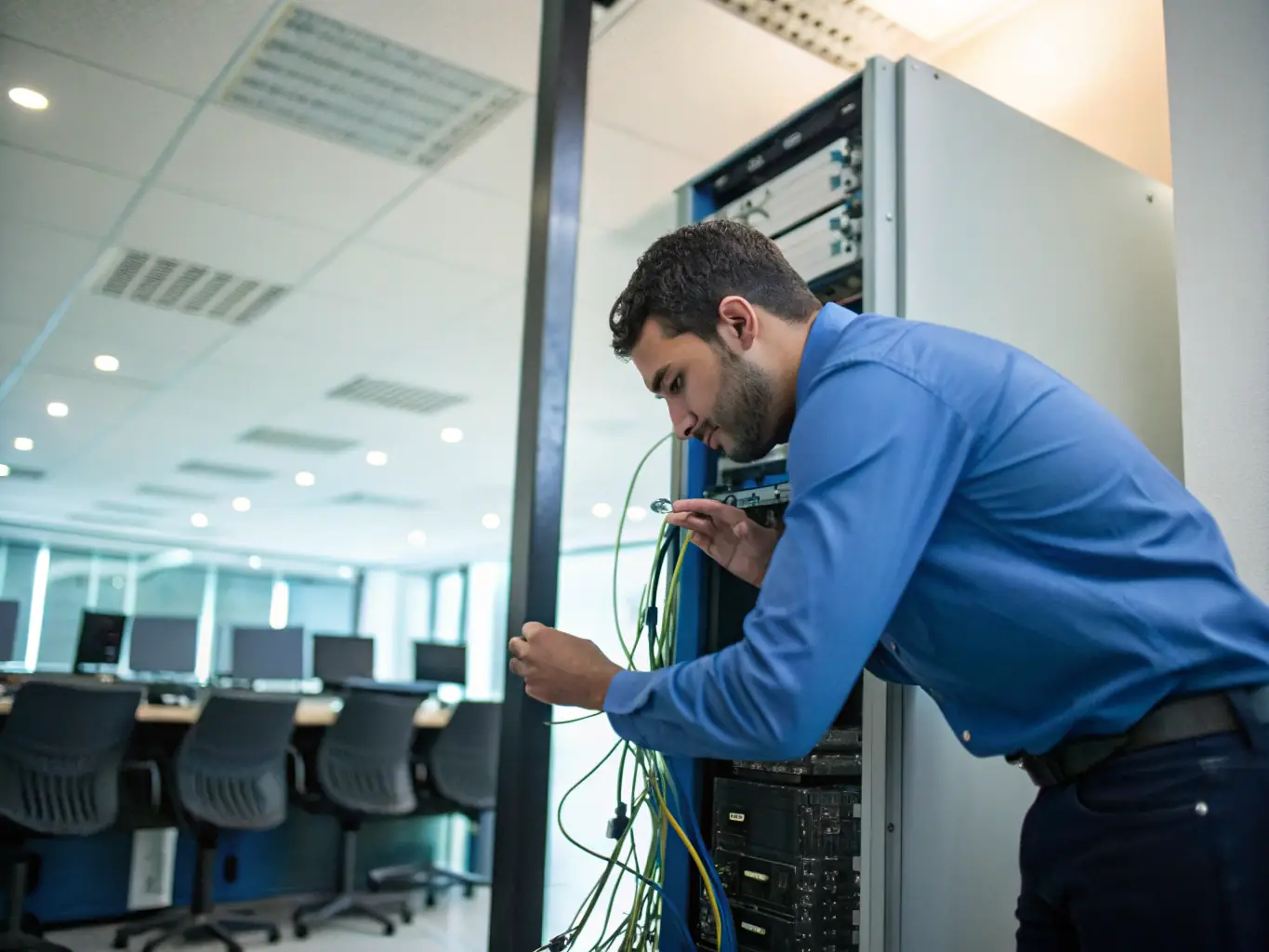 A technician configuring a router and network devices in an office environment, representing the network support service.